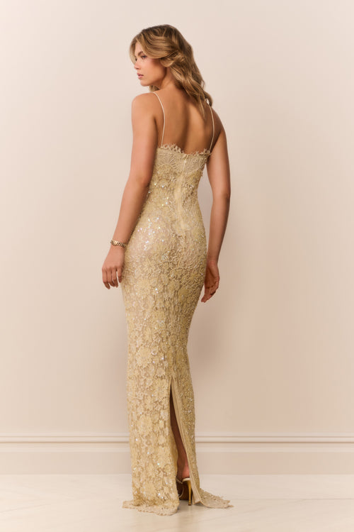 Woman wearing a long, floral lace dress against a plain background