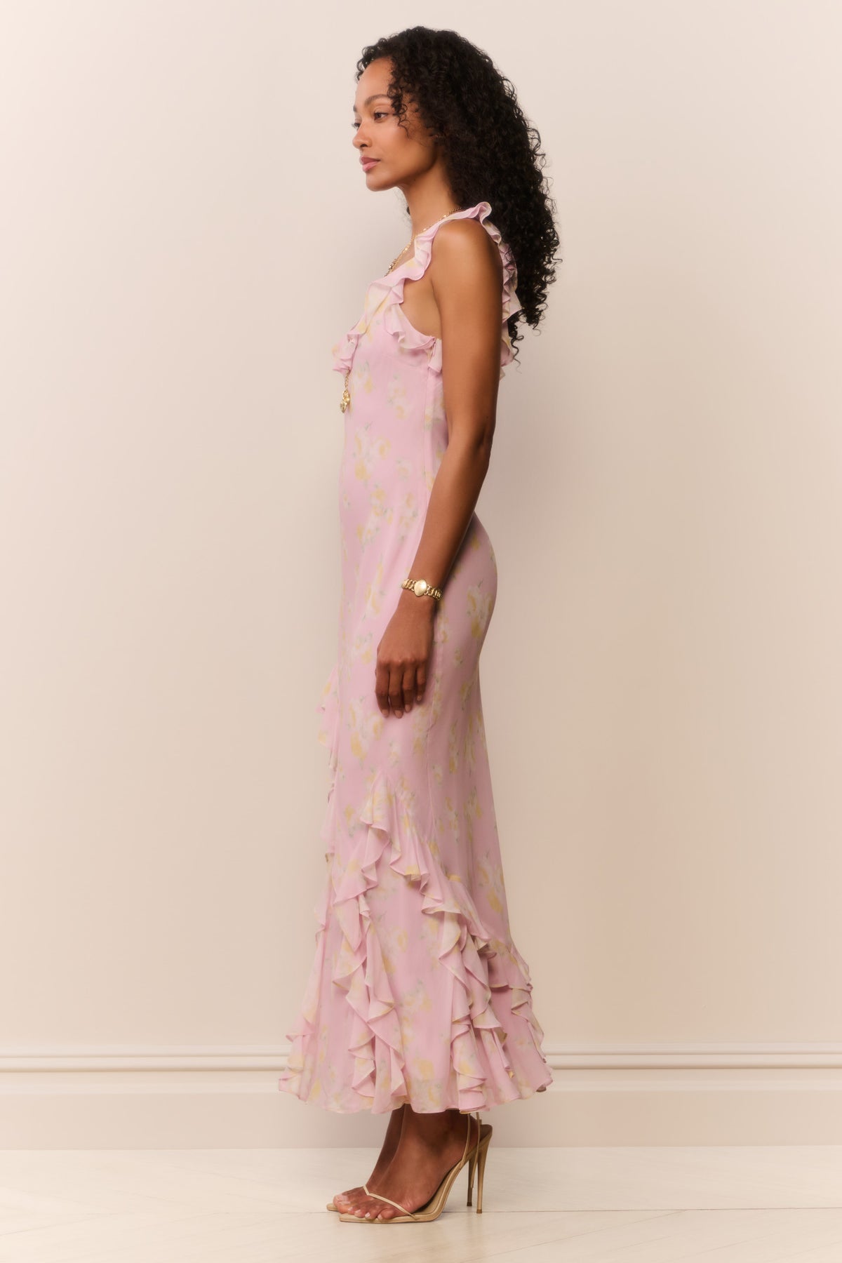 Floral chiffon maxi dress, light pink, side profile with tiered ruffle hem