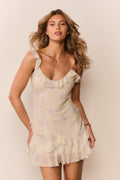 Floral chiffon mini dress, pale cream with lilac floral print and ruffled tier skirt