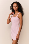 Blush lace-trim tweed mini dress with spaghetti straps, sleeveless front view.