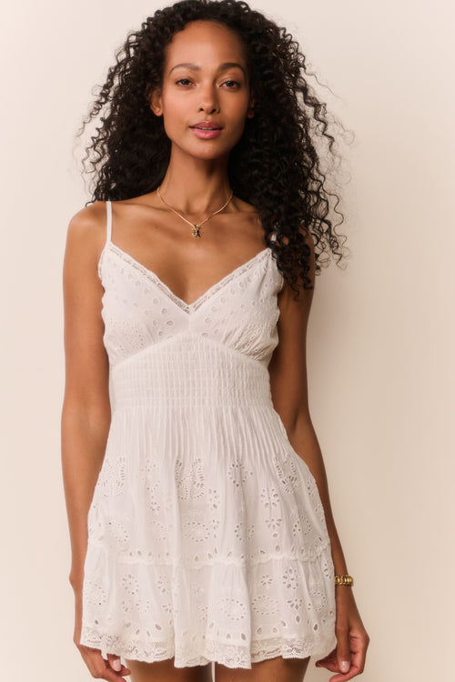 Azar cotton eyelet mini dress, white ruched bodice with tiered eyelet skirt