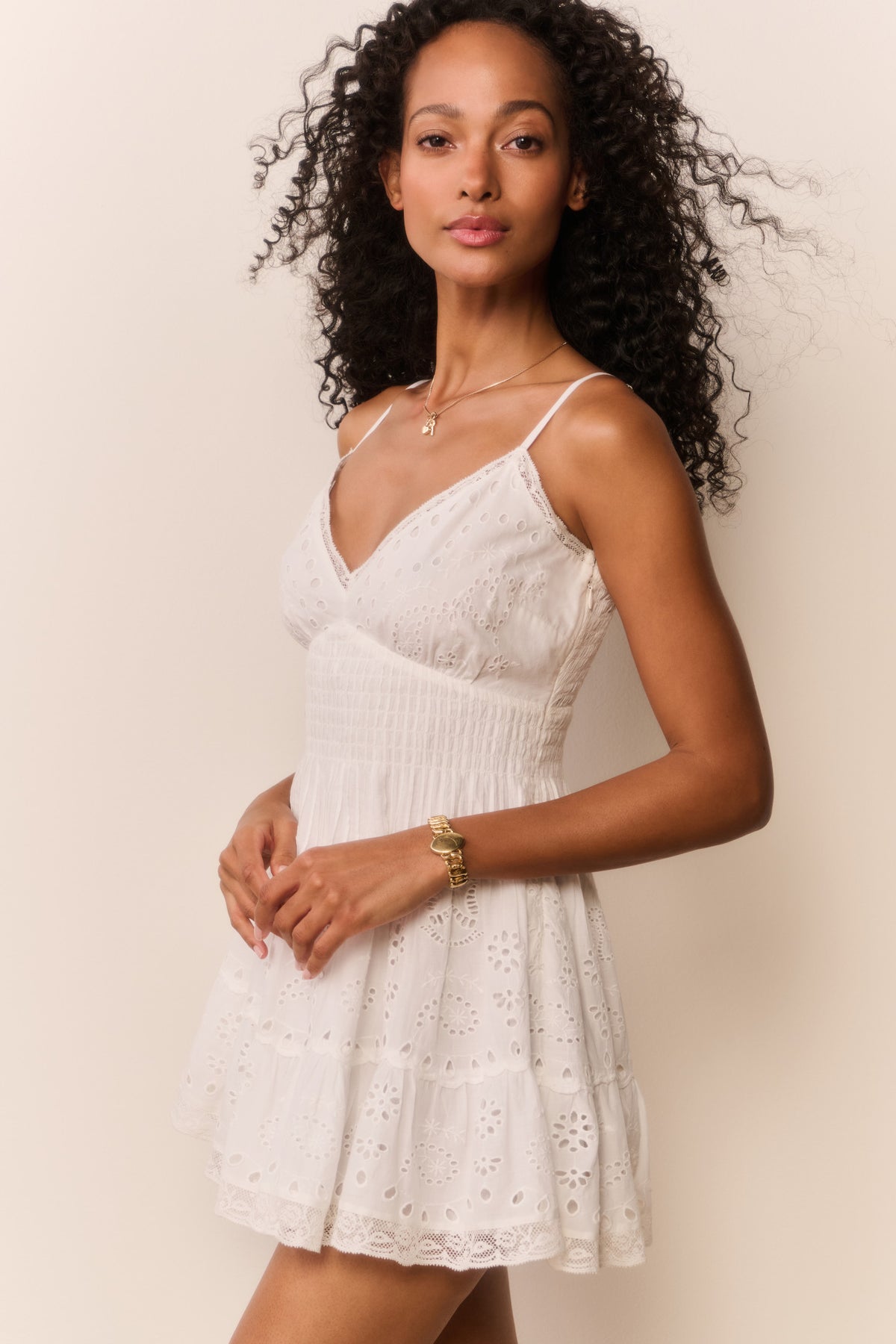 Azar cotton eyelet mini dress, white front view with V-neck and spaghetti straps