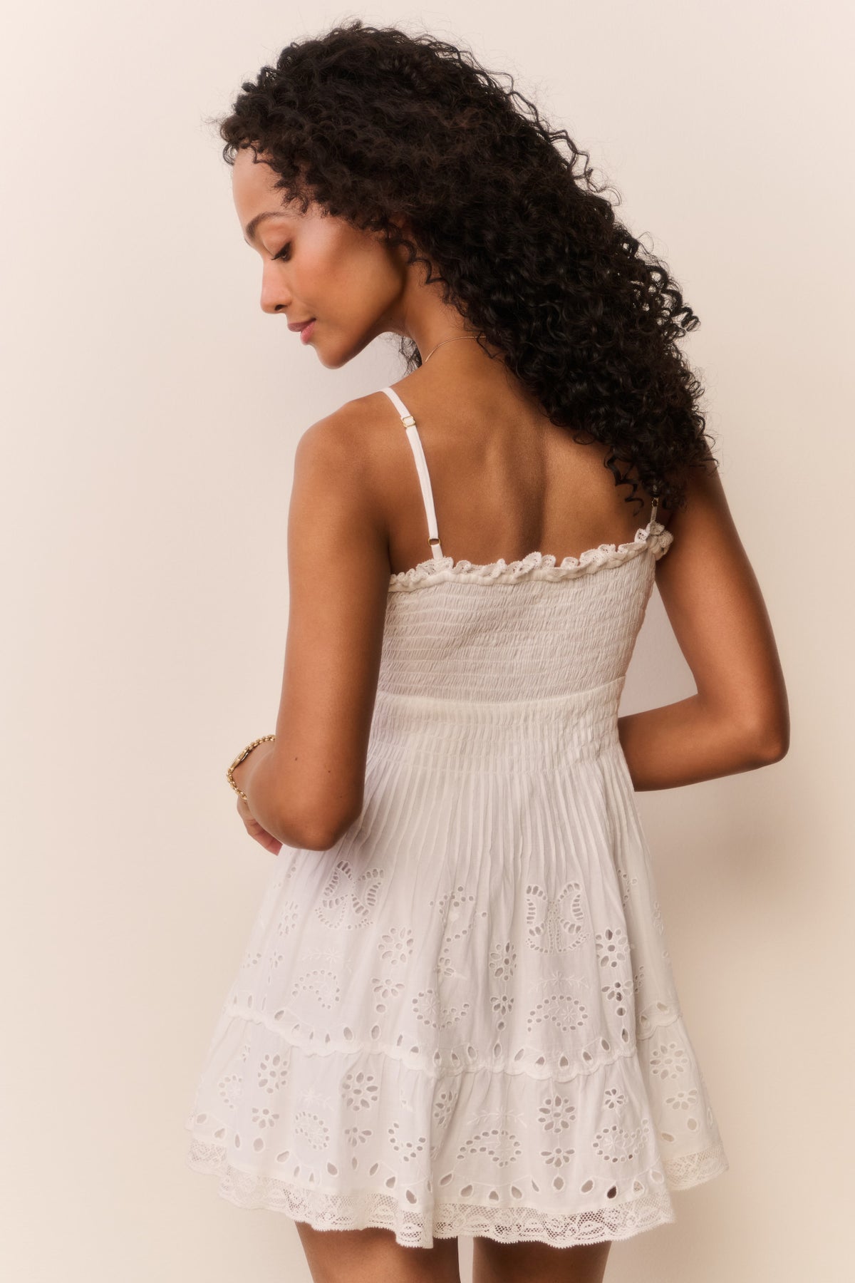 Azar cotton eyelet mini dress, white back view with spaghetti straps and tiered skirt