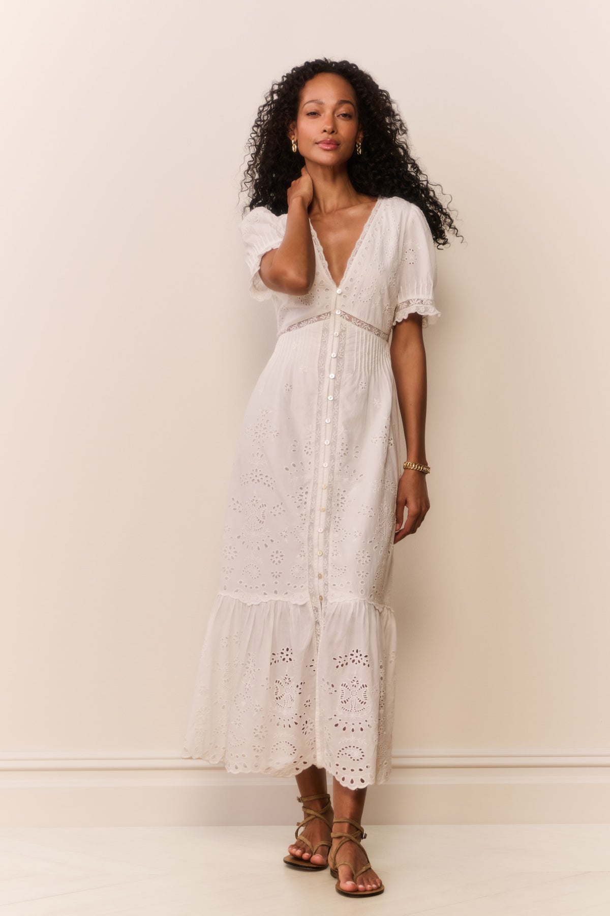 White cotton eyelet midi dress with button-front, tiered skirt, and puff sleeves