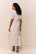 White eyelet midi dress with short puff sleeves and V-back eyelet detailing