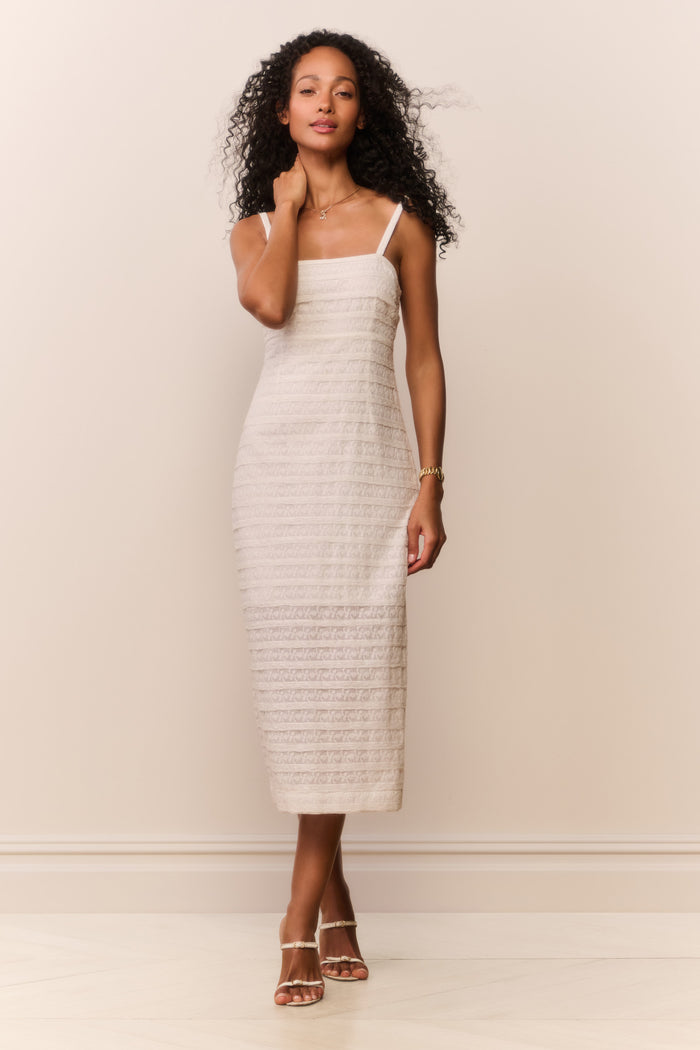 White lace stripe midi dress with spaghetti straps, straight midi silhouette