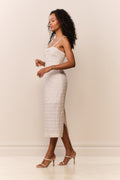 White lace stripe midi dress with spaghetti straps and front slit, side profile