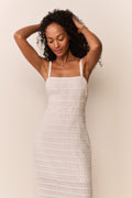 White lace stripe midi dress with spaghetti straps and fitted bodice
