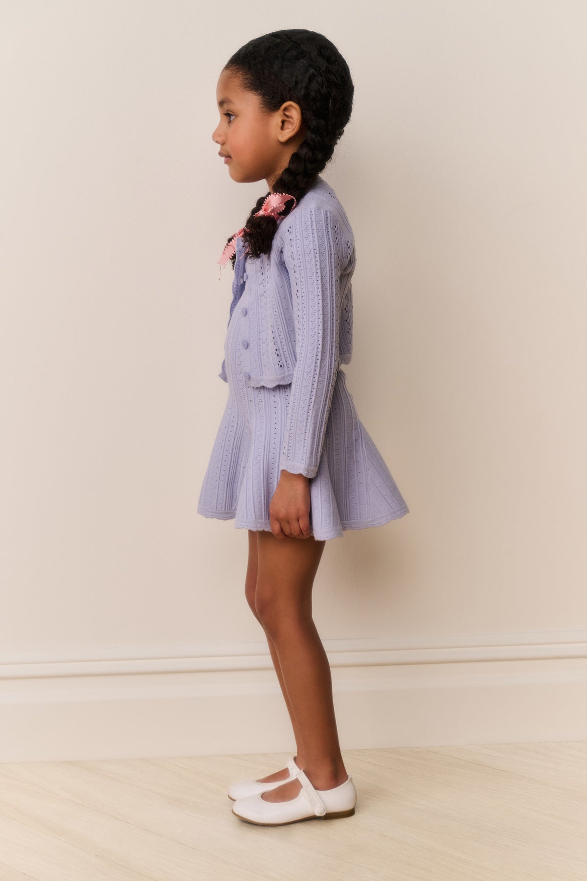 Girls lilac pointelle knit cardigan with button front and long sleeves