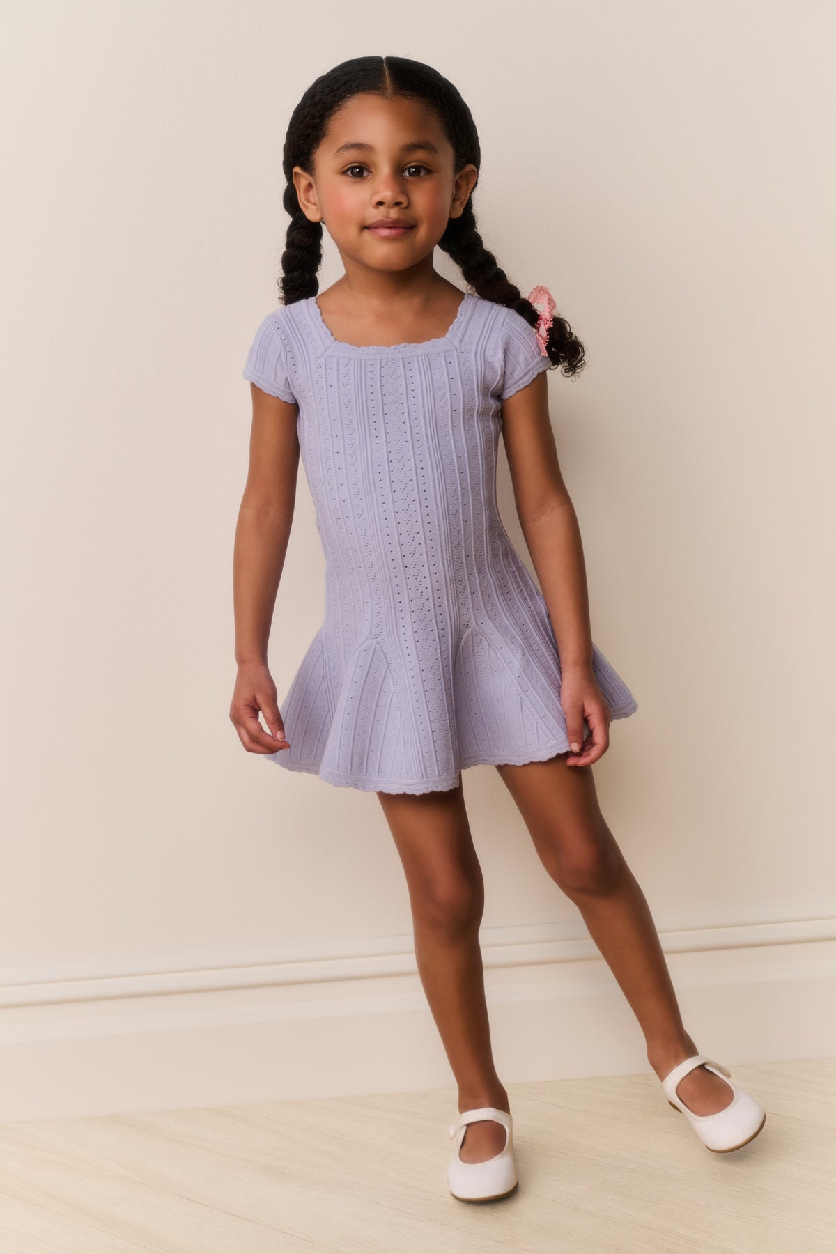 Lavender pointelle knit girls dress, square neckline, short sleeves, flared hem