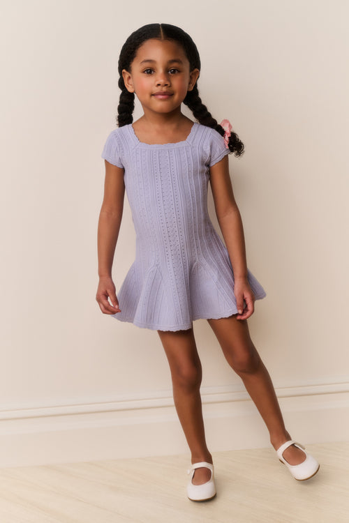 Lavender pointelle knit girls dress, square neckline, short sleeves, flared hem