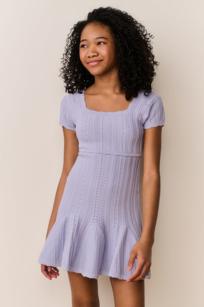Tween pointelle stretch dress in light lavender, fitted bodice with flared skirt