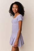 Tween pointelle stretch dress in light lavender with short sleeves and flared skirt