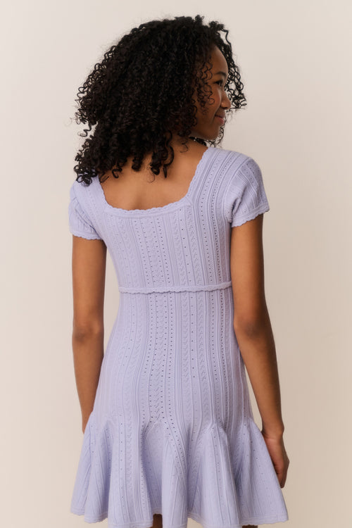 Tween pointelle stretch dress in light lavender, back view with square neckline