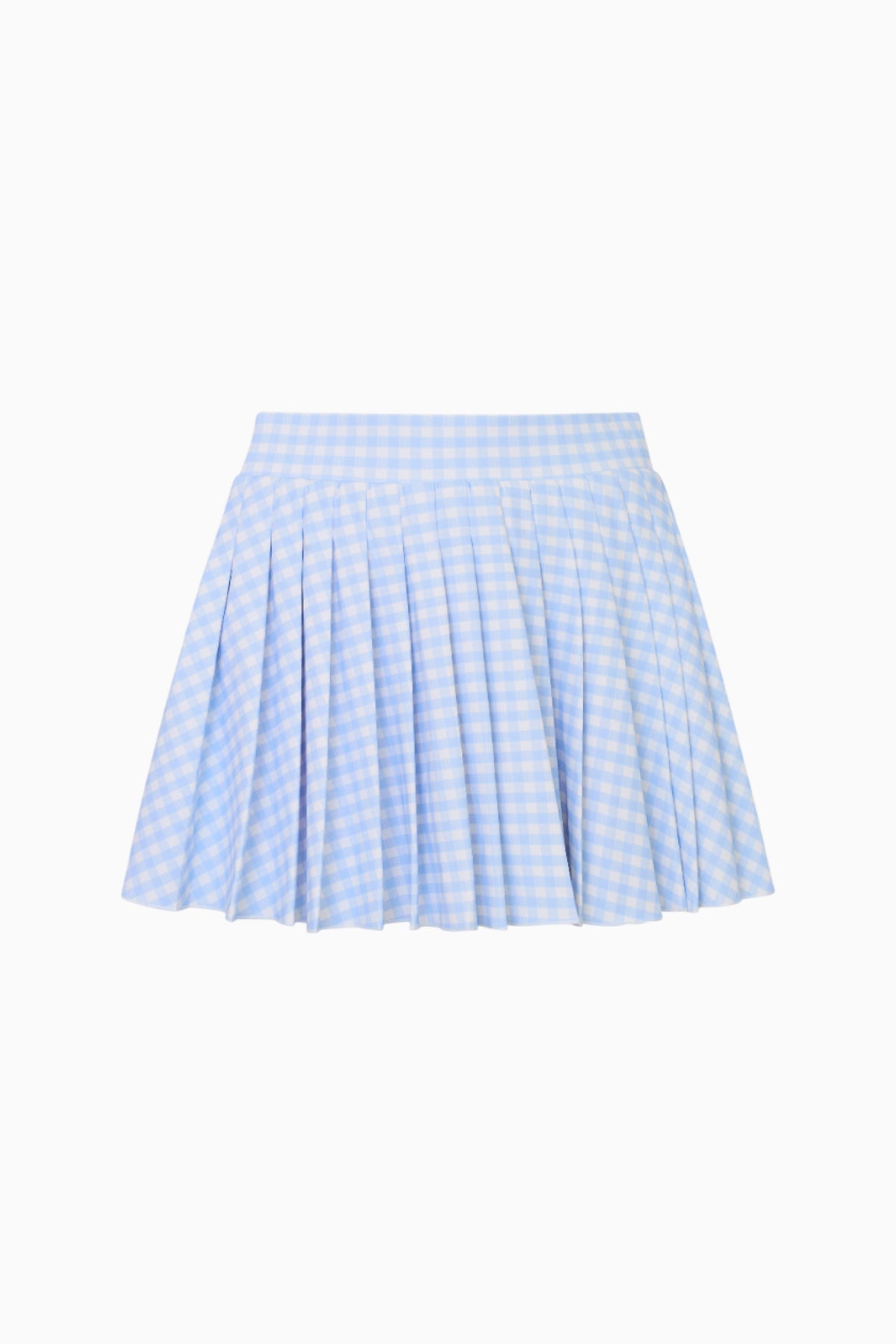 Light blue gingham print skort with pleated, flared skirt