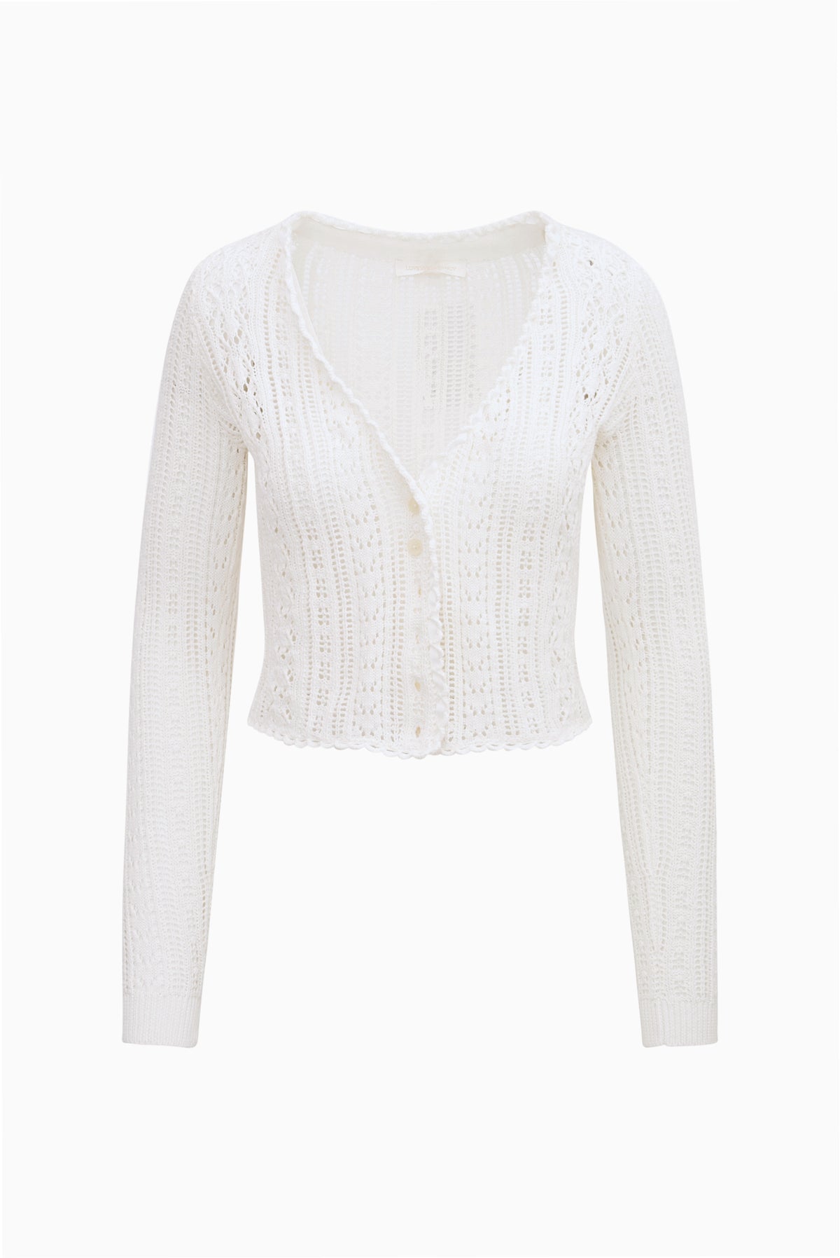 White crochet cardigan sweater with V-neck opening and long sleeves, cropped length