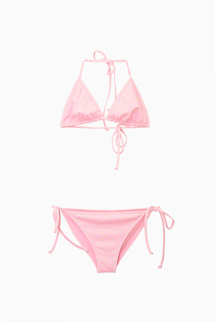 Ditsy floral triangle bikini with halter tie top and side-tie bikini bottoms