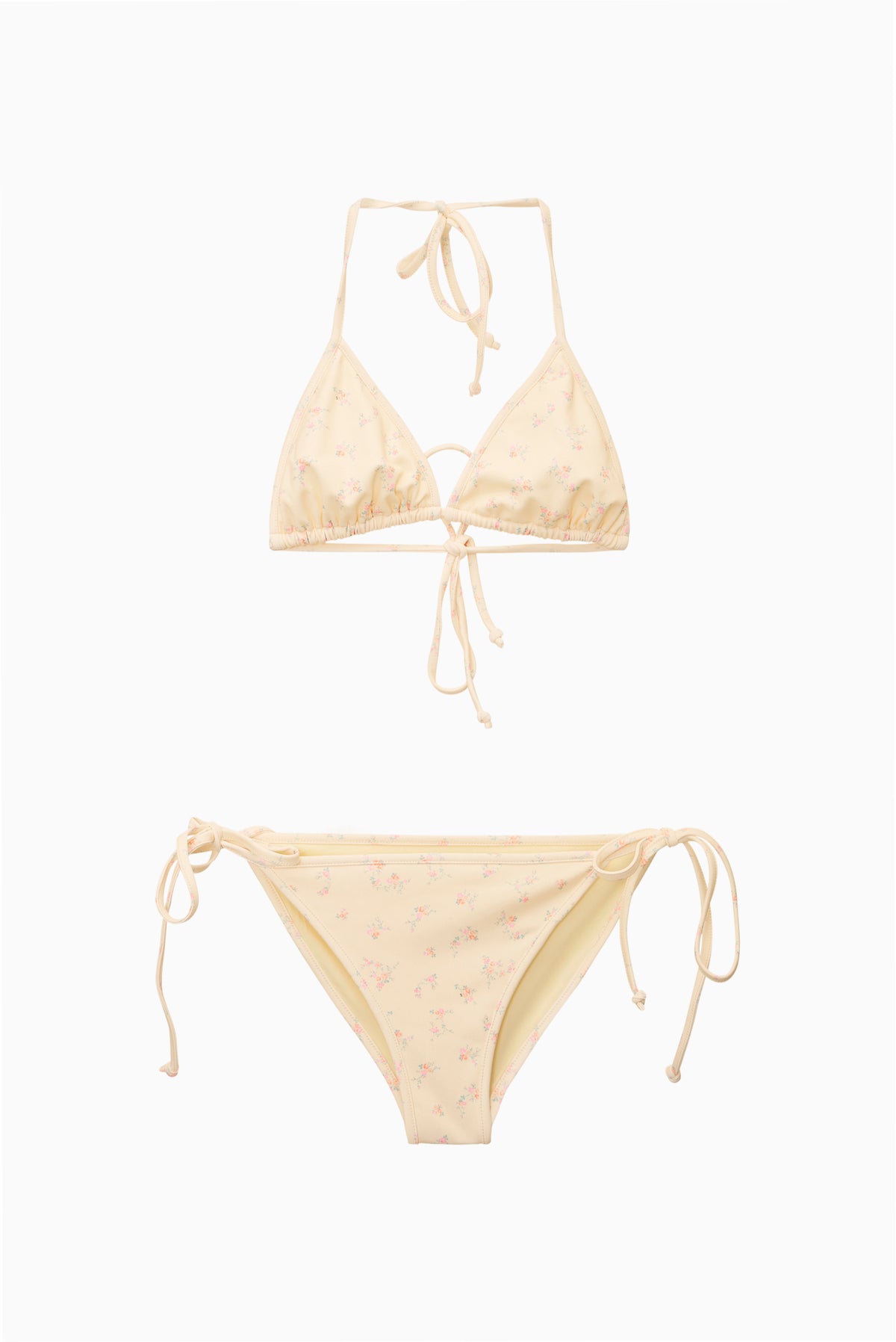 Ditsy floral triangle bikini with tie halter top and side-tie bikini bottoms