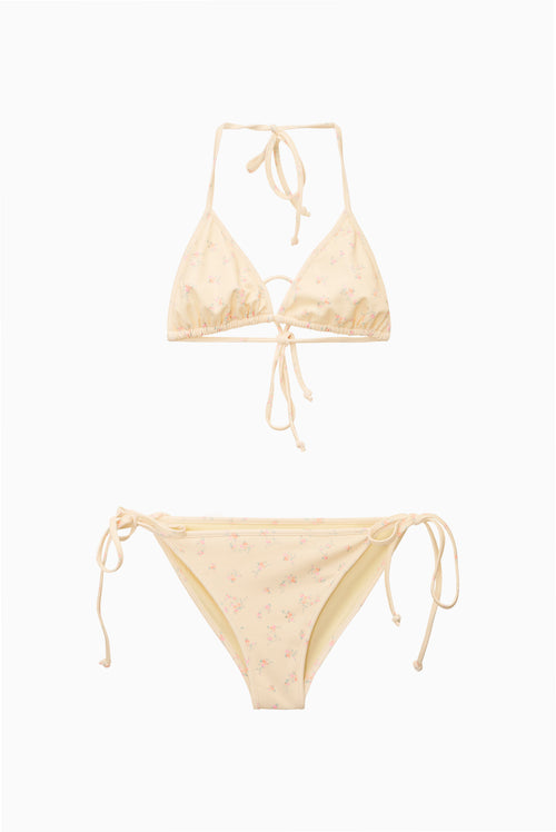 Ditsy floral triangle bikini with tie halter top and side-tie bikini bottoms