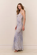 Light blue hand-dyed maxi dress with spaghetti straps and patterned skirt
