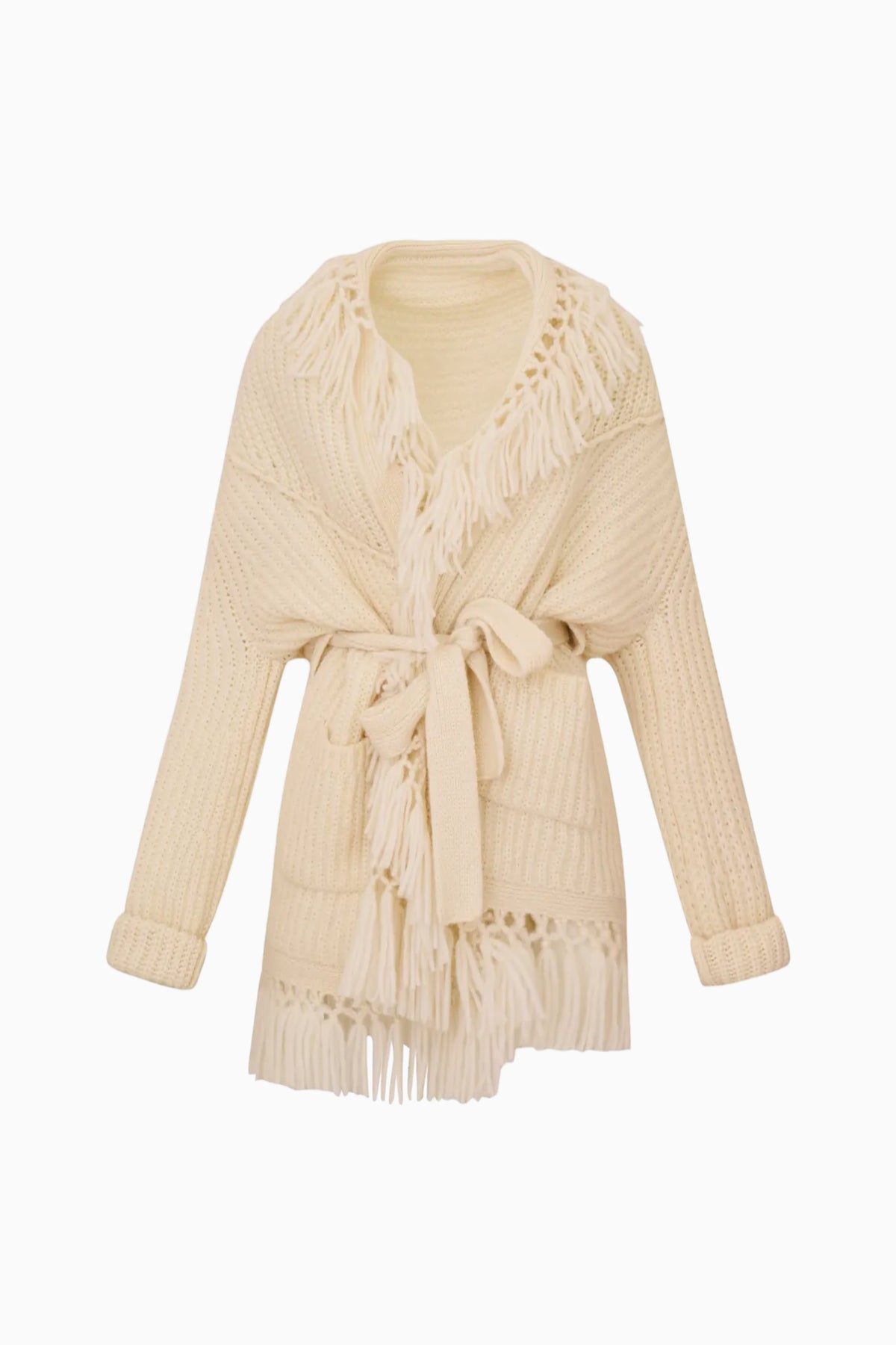 Ivory knit wrap cardigan with fringe trim and tie belt, long sleeves.