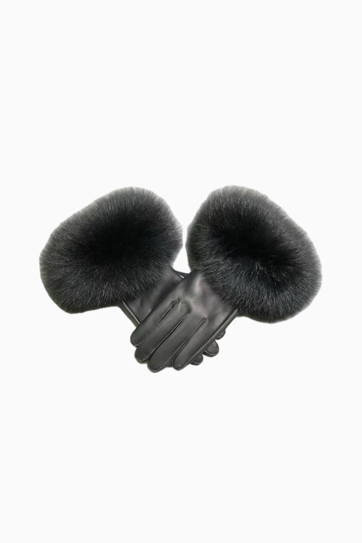 Black leather fur gloves with plush fur cuffs