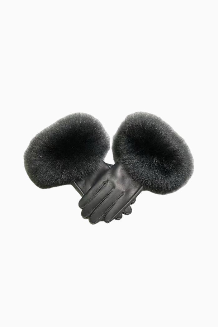 Black leather fur gloves with plush fur cuffs