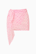 Pink mesh wrap cover-up skirt with tie waistband and side drape detail