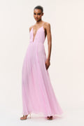 Light pink chiffon maxi dress with plunging V neckline and thin adjustable straps