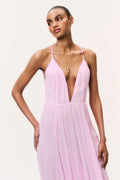Light pink chiffon maxi dress with V-neck bodice and fine spaghetti straps
