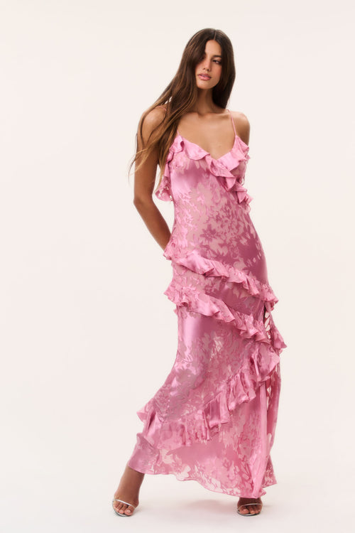 Dusty rose ruffle maxi dress with spaghetti straps and tiered ruffles
