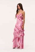 Dusty rose ruffle maxi dress with thin straps and layered ruffle tiers