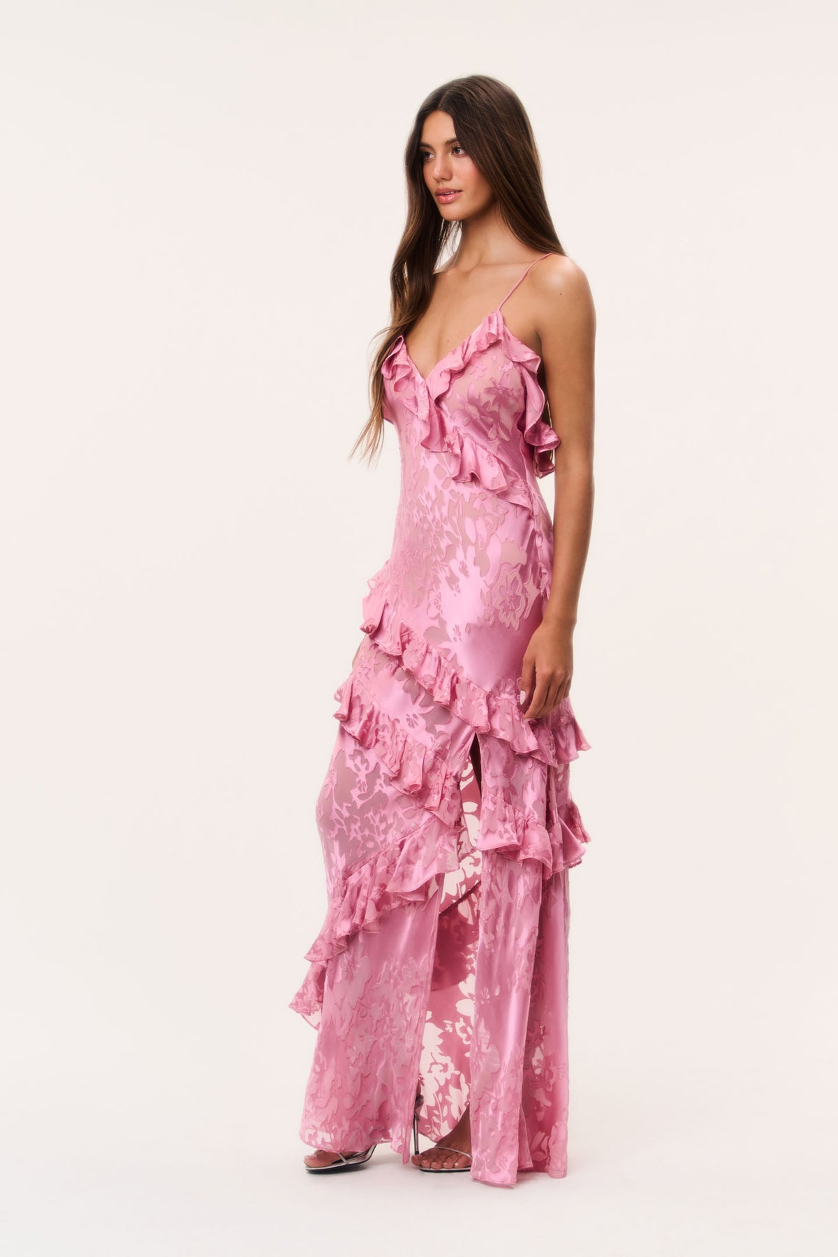 Dusty rose ruffle maxi dress with thin straps and layered ruffle tiers