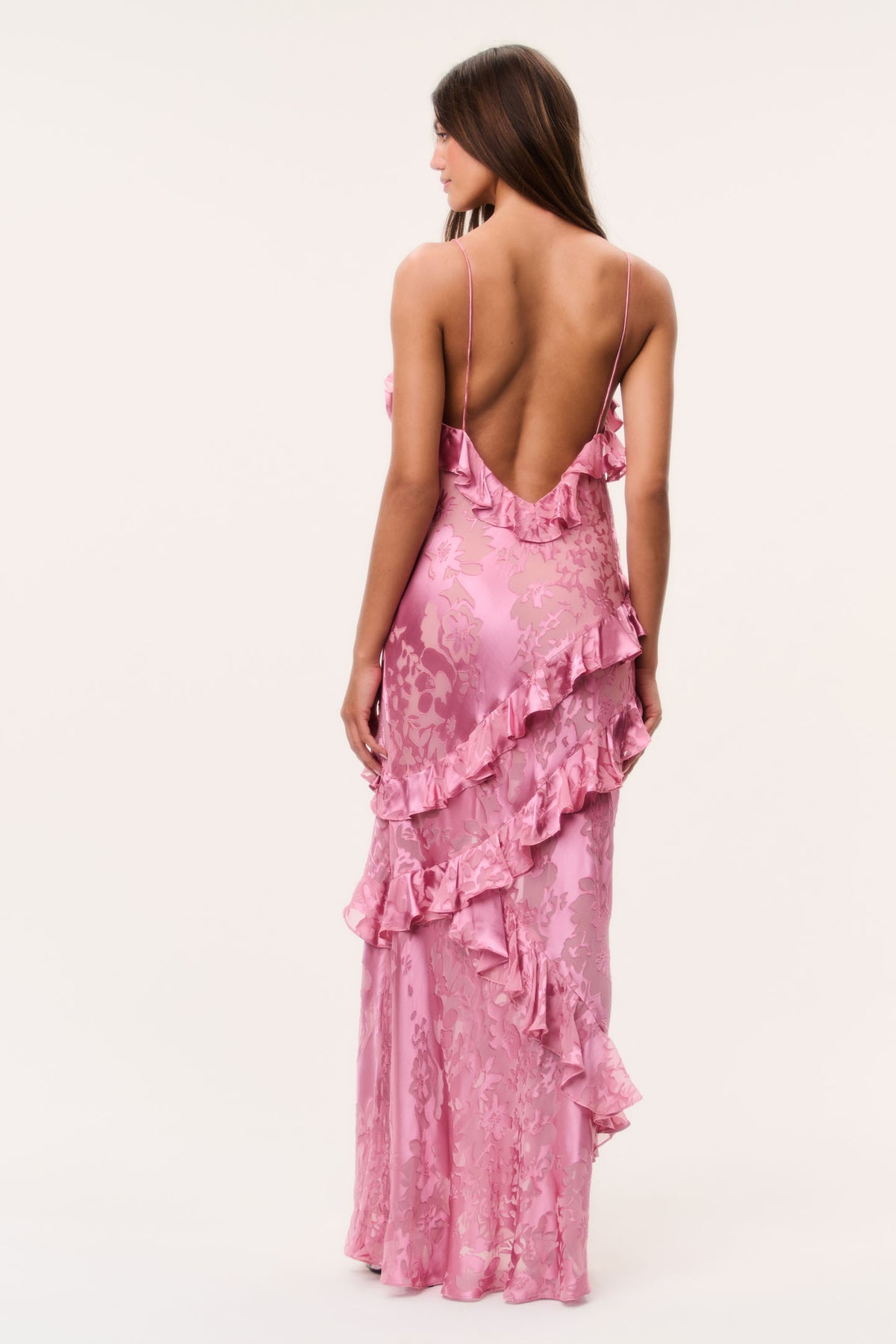 Dusty rose ruffle maxi dress with open back and spaghetti straps
