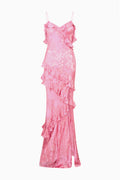 Dusty rose ruffle maxi dress with thin straps and layered ruffle detailing