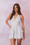 Antique white polka dot halter mini dress, V-neck bodice and tiered skirt
