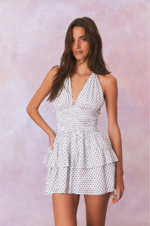 Antique white polka dot halter mini dress, V-neck bodice and tiered skirt