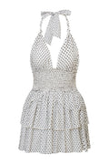 Antique white polka dot halter mini dress, halter tie neckline and tiered skirt