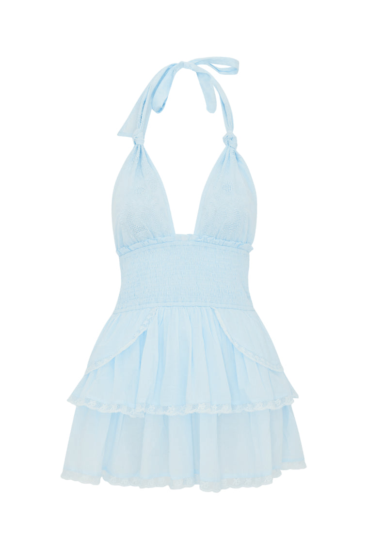 Light blue halter mini dress, sleeveless with tiered ruffle skirt