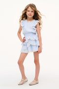 Girls blue cotton decker dress with layered ruffle skirt and cap sleeves