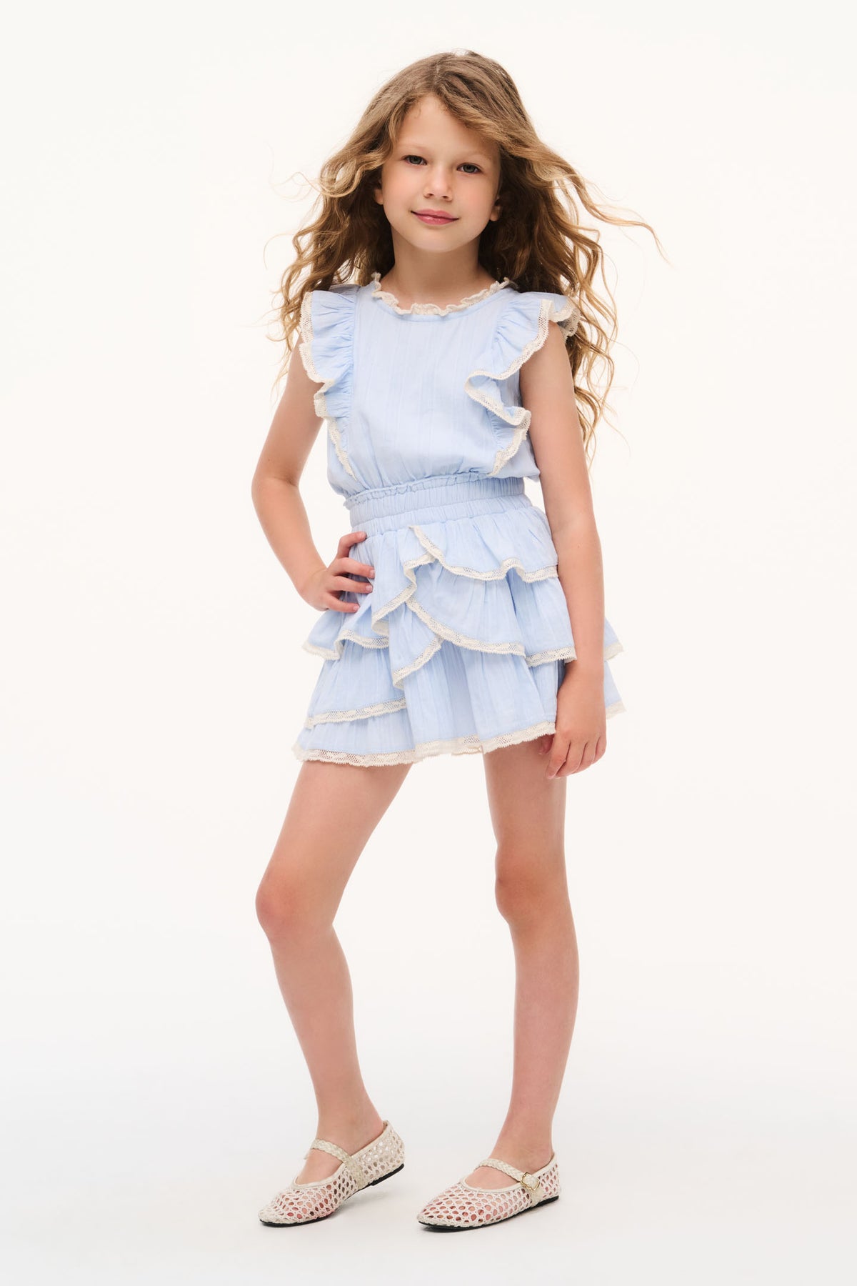 Girls blue cotton decker dress with layered ruffle skirt and cap sleeves