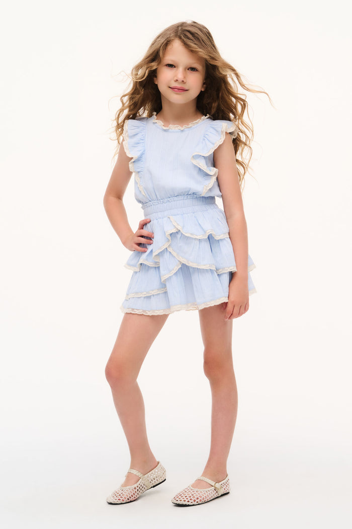 Girls blue cotton decker dress with layered ruffle skirt and cap sleeves
