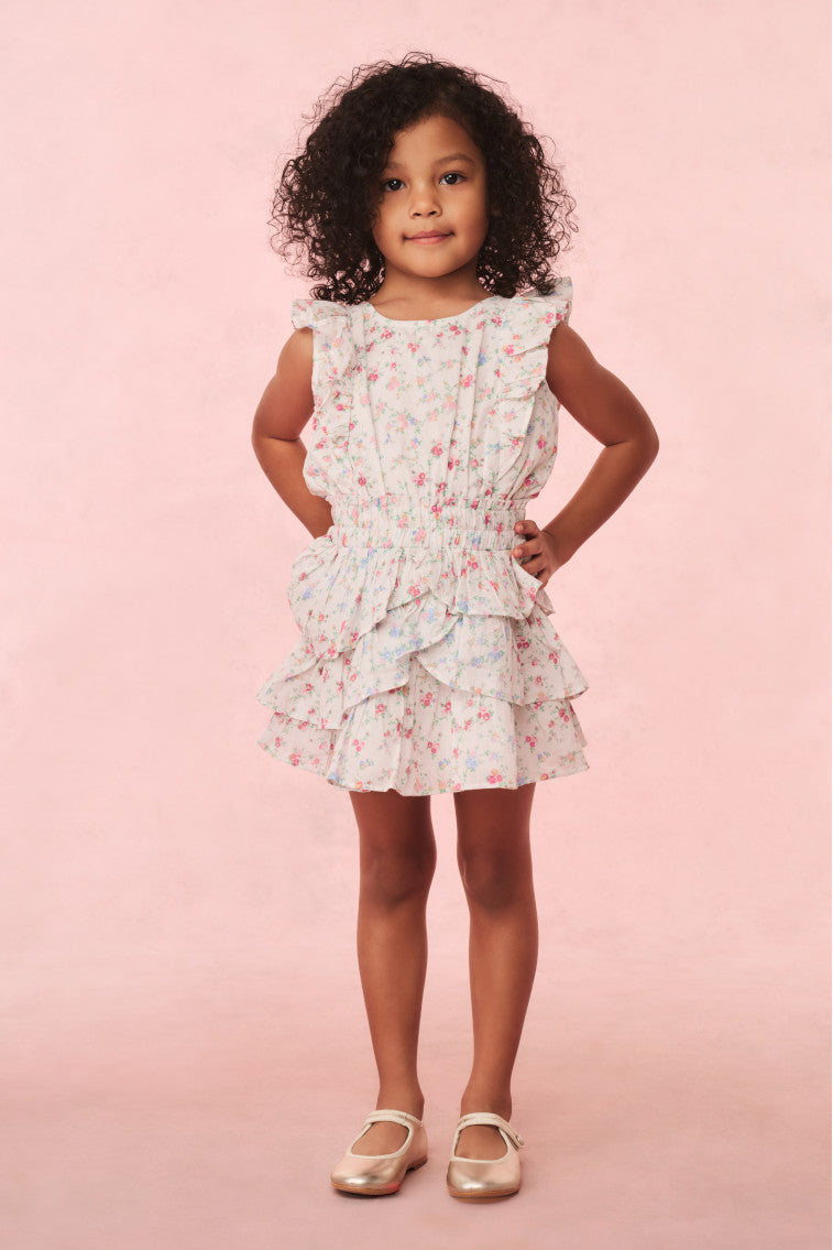 Girls cotton floral dress with sleeveless tiered ruffle hem, confetti bloom print