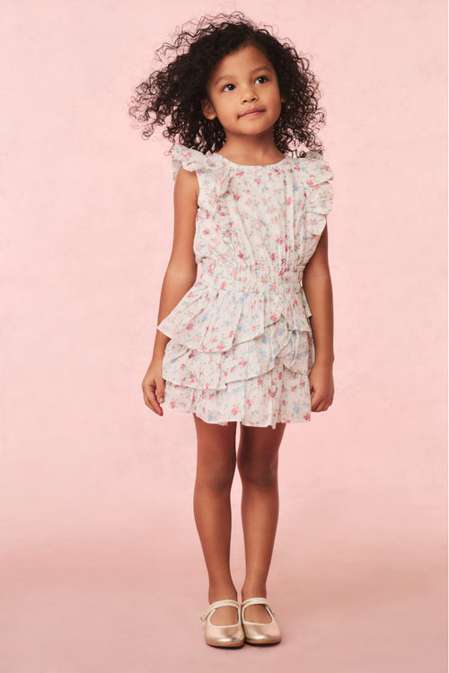 Girls cotton floral dress, front view with sleeveless ruffle tiers and floral print