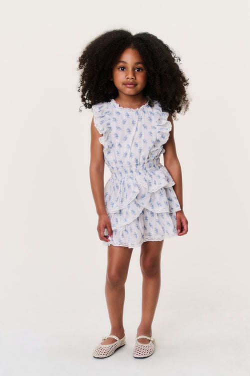 Girls' light blue cloud-print tiered ruffle dress with sleeveless ruffle shoulders