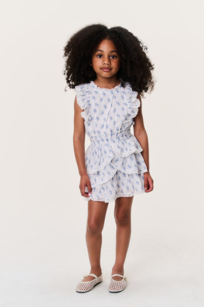 Girls' light blue cloud-print tiered ruffle dress with sleeveless ruffle shoulders