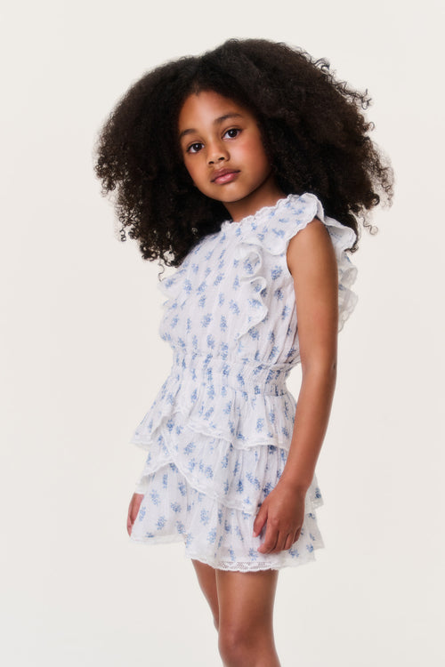 Girls' light blue cloud-print sleeveless tiered ruffle dress with gathered waist