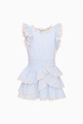 Light blue sleeveless cotton dress with tiered ruffle layers and lace-trim neckline