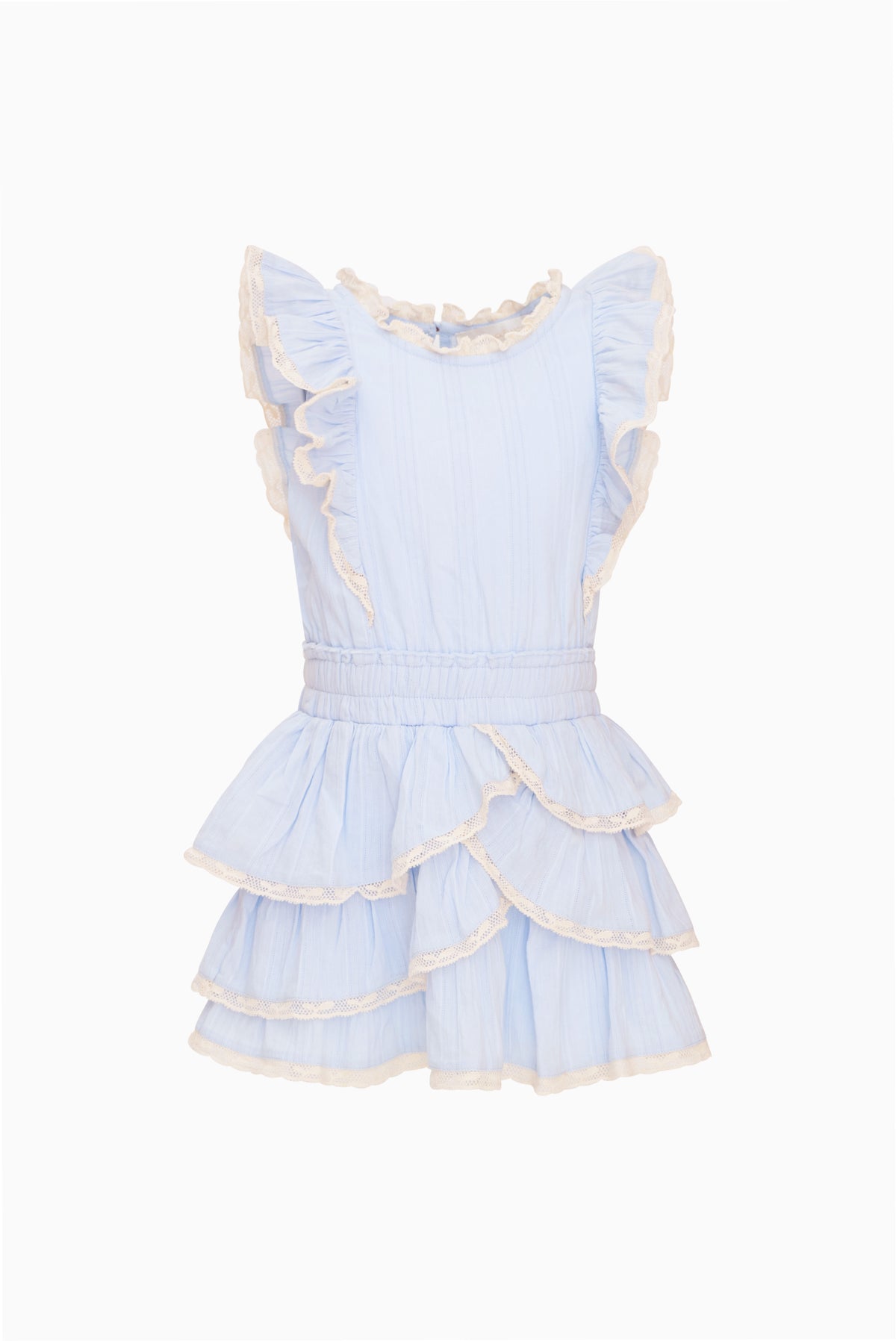 Light blue sleeveless cotton dress with tiered ruffle layers and lace-trim neckline