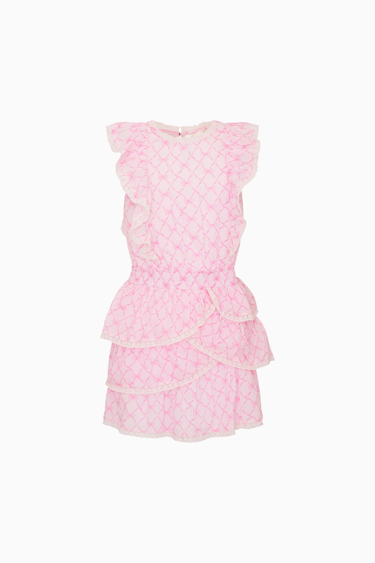Pink sweetheart ruffle dress with textured diamond pattern, short sleeves